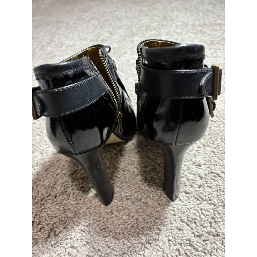 Christin Michaels Canton Black Patent Leather Fringe Buckle Ankle Boots 6M